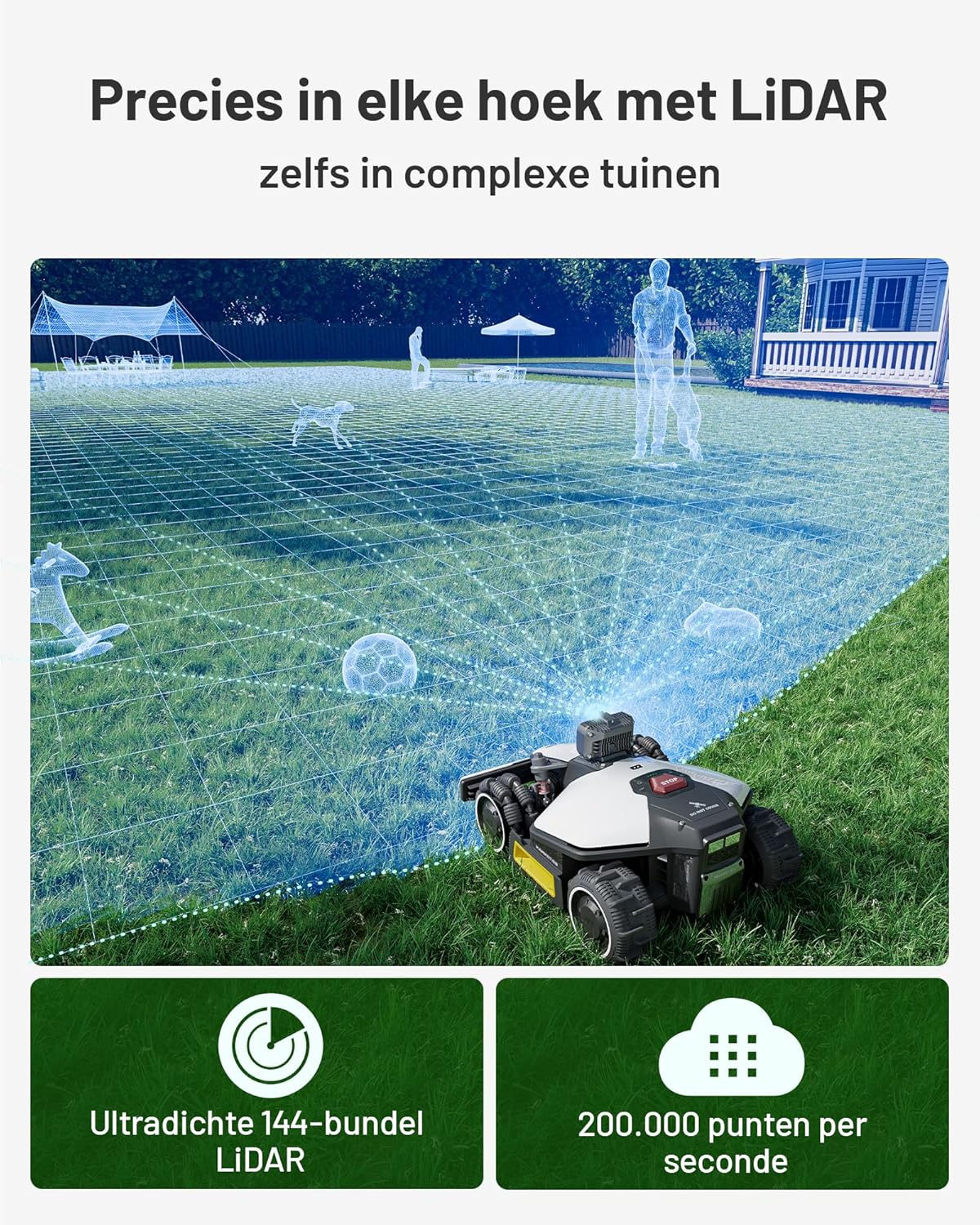 LiDAR grasmaaier met ultradichte 144-bundel technologie, precisie in complexe tuinen.