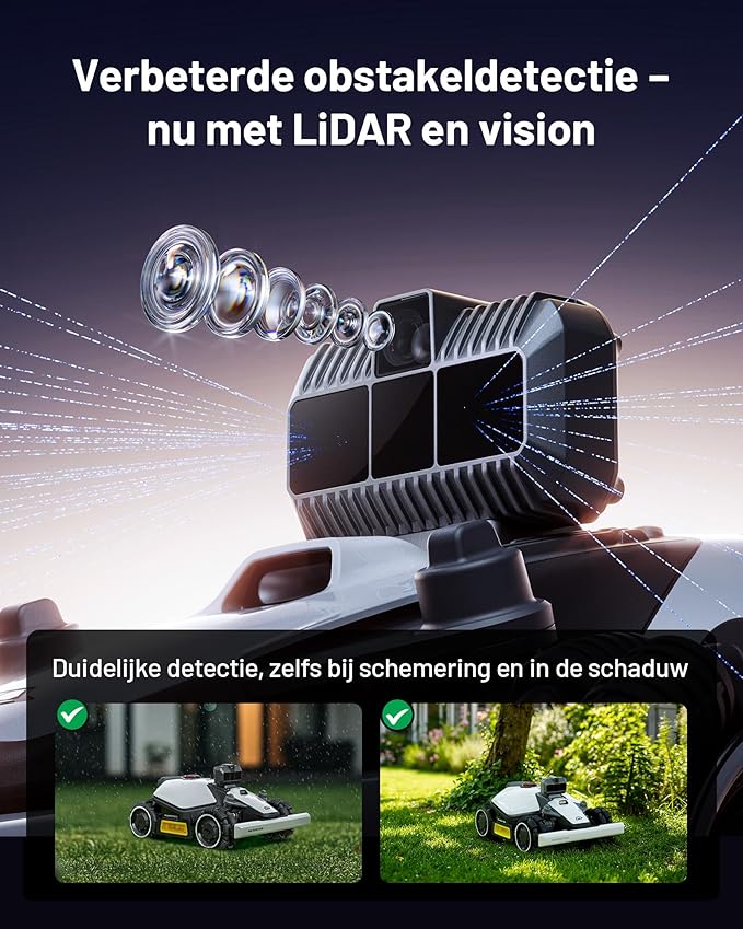 Robotmaaier met verbeterde obstakeldetectie, LiDAR-technologie en duidelijke zichtbaarheid in schemering.