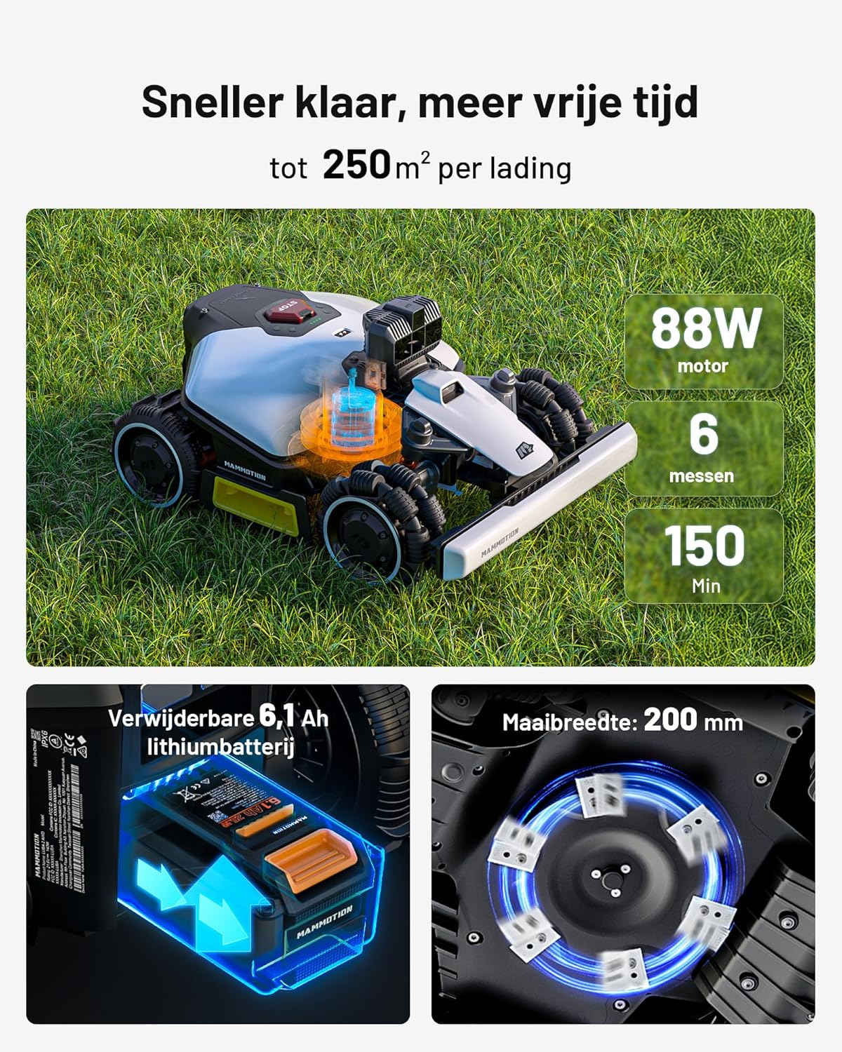 Robotgrasmaaier met 88W motor, 6 messen, 250m² per lading, 150 min gebruikstijd, 200 mm maaibreedte.