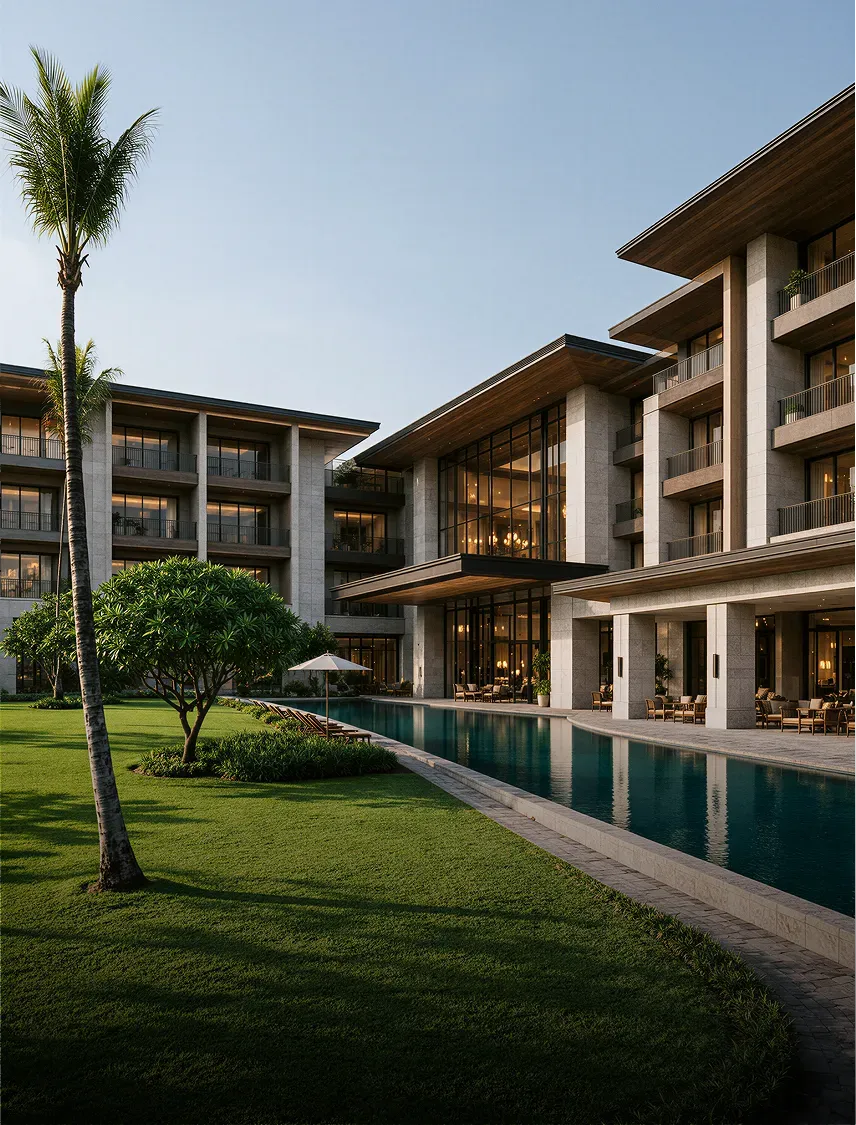 Terrein van een luxehotel aan het water
