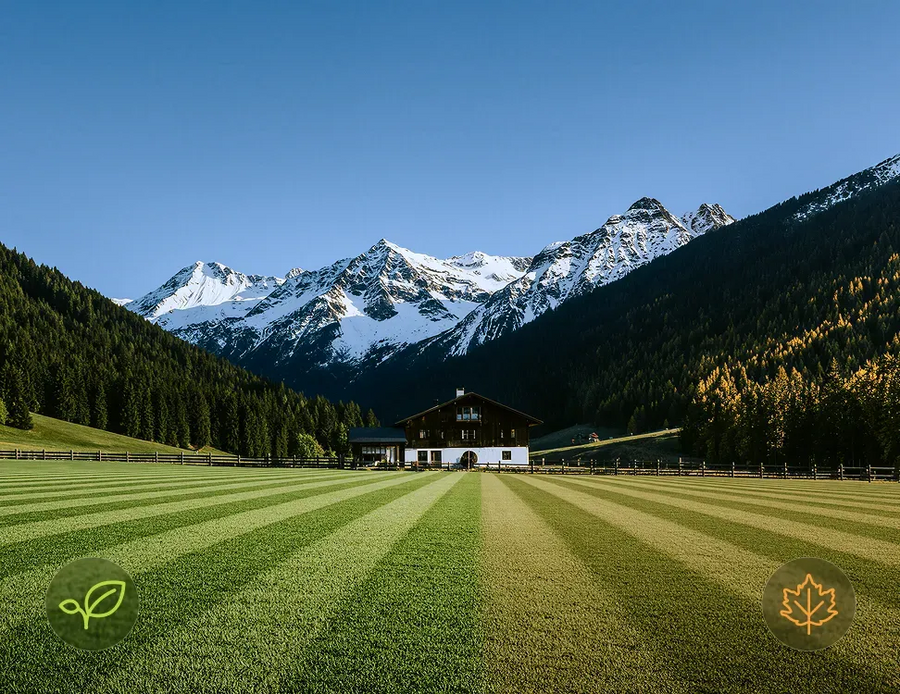 Een gestreept grasveld met bergen op de achtergrond